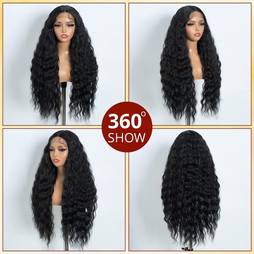 Rebecca Q Water Wavy Wig Long Wavy Lace Front Wig For Women T-Part Natural Hairline Synthetic Wigs Long Black Wig For Daily Cosplay Party 30 inches