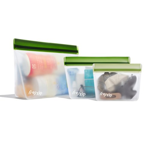(re) zip 3-Piece TSA-Compliant Travel Bags | Stand-Up Style, Leakproof Storage for Toiletries, Cosmetics, Electronics, Snacks, Carry-On Organization | Quart (1), 2-Cup (1), Snack (1)