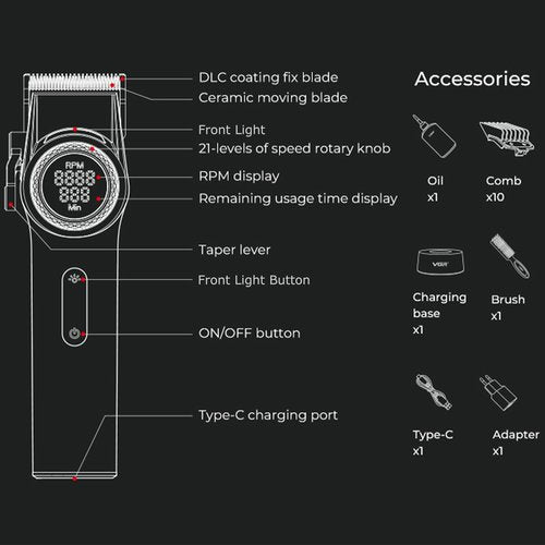 VGR 001 Professional Hair Clippers for Men, Cordless Barber Clippers for Hair Cutting, Carbon Steel Blade Hair Trimmers for Barbers, 9000RPM, LED Display, Black
