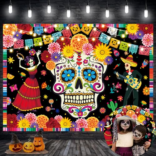 Day of The Dead Photo Backdrop Mexican Fiesta Sugar Skull Flowers Banner 82x59 Inch