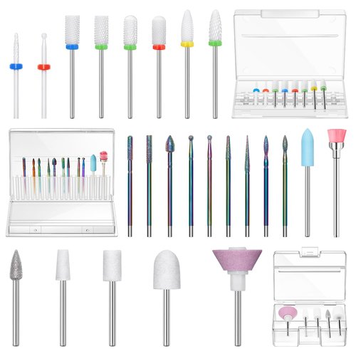 Modelones 24 Pcs Nail Drill Bit Set, 3/32” Ceramic Diamond Carbide Nail Drill Bits, Acrylic Gel Nail Bit Kit, Cuticle Remover Bits for Acrylic Gel Dip Powder Nail Manicure Pedicure