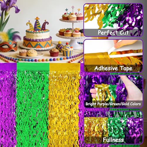 Mardi Gras Decorations 2 Pack Purple Green Gold Metallic Tinsel Fringe Table Skirts