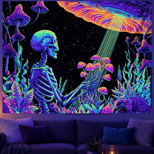 Skeleton UFO Blacklight Tapestry - Psychedelic Gothic Wall Backdrop 78x59 Inch