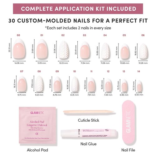 Glamnetic Press On Nails - Sweater Weather | Short Almond Fake Nails with White Glitter French Tips & 3D Designs in a Glossy Finish, Salon Quality Winter Nails | 15 Sizes - 30 Nail Kit with Glue