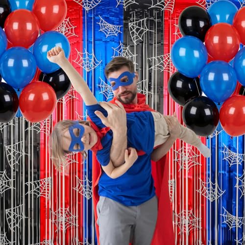 Spider Web Tinsel Fringe Curtains Set - Red Black Blue Metallic Party Backdrop & Photo Props