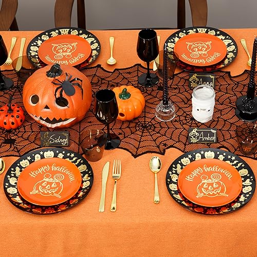 Halloween 2 Plastic Plates Set for 30 Guests - Black Gold Ghost & Orange Pumpkin