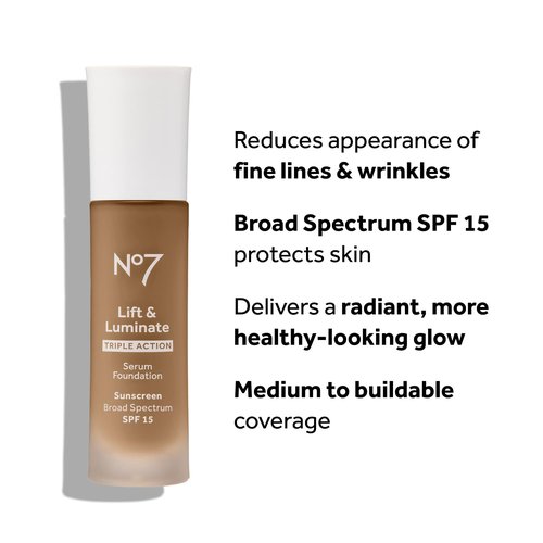 No7 Lift & Luminate Serum Foundation - SPF 15 Liquid Makeup for Dewy Glow - Radiant Formula for Mature Skin - Cool Ivory (1 Fl Oz)