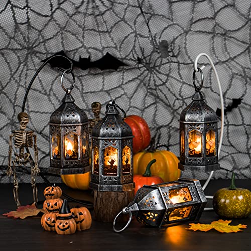 Silver-Hween 8-Pack Mini Lanterns with Halloween Pattern Glass & Flickering LED Candles