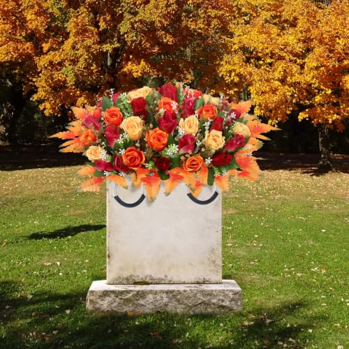 Fall Artificial Cemetery Flowers for Grave - Headstone Flower Saddle Orange - Long-Lasting Autumn Decor