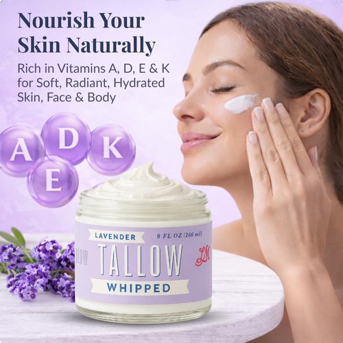 Lady May Tallow Whipped Tallow 9oz - All Natural Face Cream + Whole Body Moisturizer for Dry Skin - Made With Scented Oil Blend - No Preservatives, Parabens or Seed Oils - USA Made (Lavender)