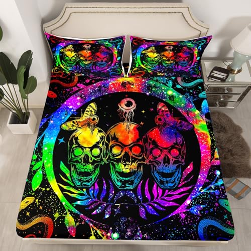 Queen Sugar Skull Bed Sheets Rainbow Tie Dye Fitted Sheet - Snake & Moth Design, 25 Color Variations