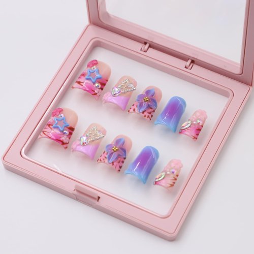 Thick Press on Nails Handmade Medium Duck Nails Pink Fake Nails 3D Flower Art False Nail with Gems Design Luxury Rhinestone Nature Reusable Acrylic Nail for Wome (Size M)