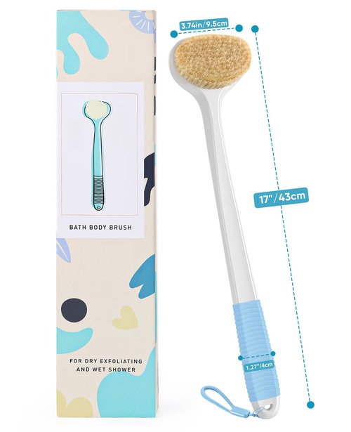 Back Scrubber for Shower with 17" Long Handle, Non-Slip Grip Dry Brushing Body Brush, Natural Boar Bristles Shower Brush for Lymphatic Drainage, for Men & Women Use - White with Blue Handle