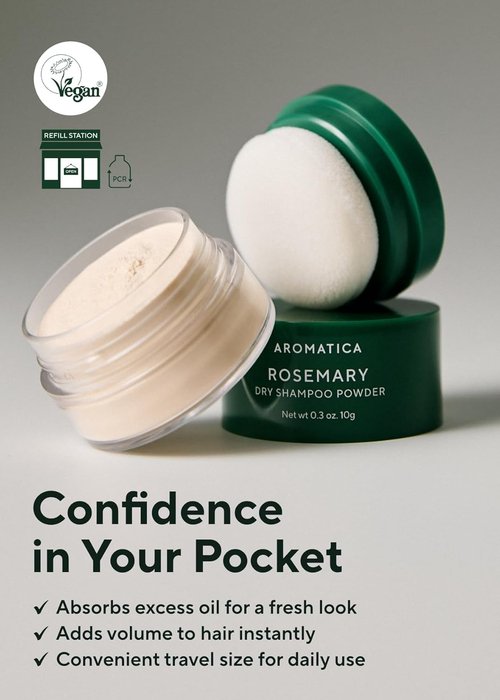 AROMATICA Rosemary Dry Shampoo Powder - Travel Size (10g) | Volumizing, Oil-Absorbing, Talc-Free Hair Care for Women