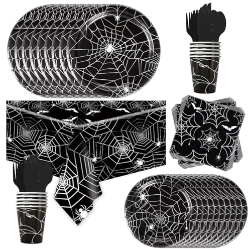 Halloween Spider Web Disposable Dinnerware Set with Plates Napkins & Cutlery