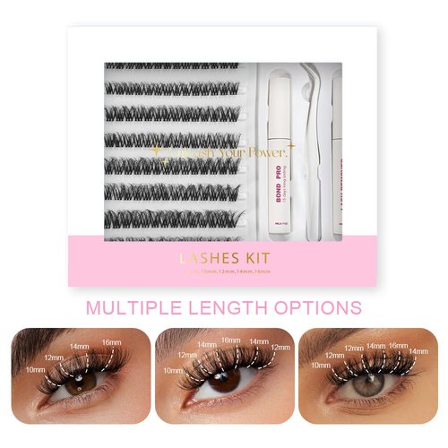 SY SHUYING Lash Extension Kit DIY Lash Clusters 10-16mm 112pcs Individual Lashes Clusters Soft Thin Band Natural Volume Eyelash Extension with Lash Bond and Remover, Lash Tweezers for Self Use 34#