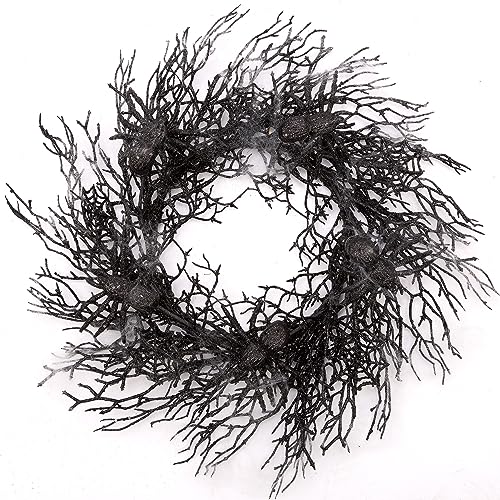 Halloween Wreath Black 18 Inch Door Decor with Spiders & Webs - Skrantun