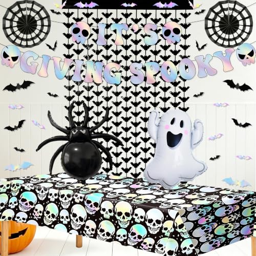 Halloween Party Decorations Set with Iridescent Balloons, Banner & Curtain
