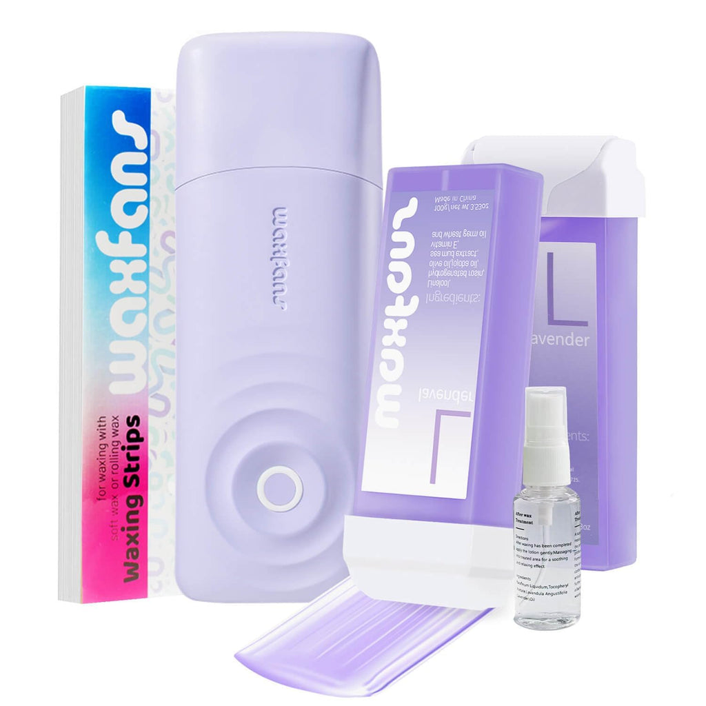 Waxfans Smart Wax Roller Kit, Roll On Wax Kit for Women & Men, Cera Para Depilar at Home Waxing Kit for Body and Legs Hair Removal, with 2 Wax Refills (Levender) & 50 Wax Strips, Easy & Smooth, Purple