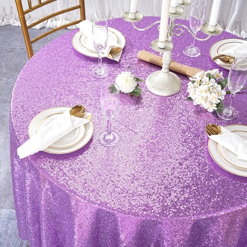 Light Purple Sequin Round Tablecloth 132 Inch - Glitter Party Decor Variation