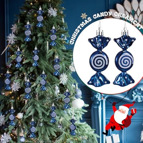 Dark Blue Glitter Candy Cane Christmas Ornaments Set - 12 Pcs Holiday Decor