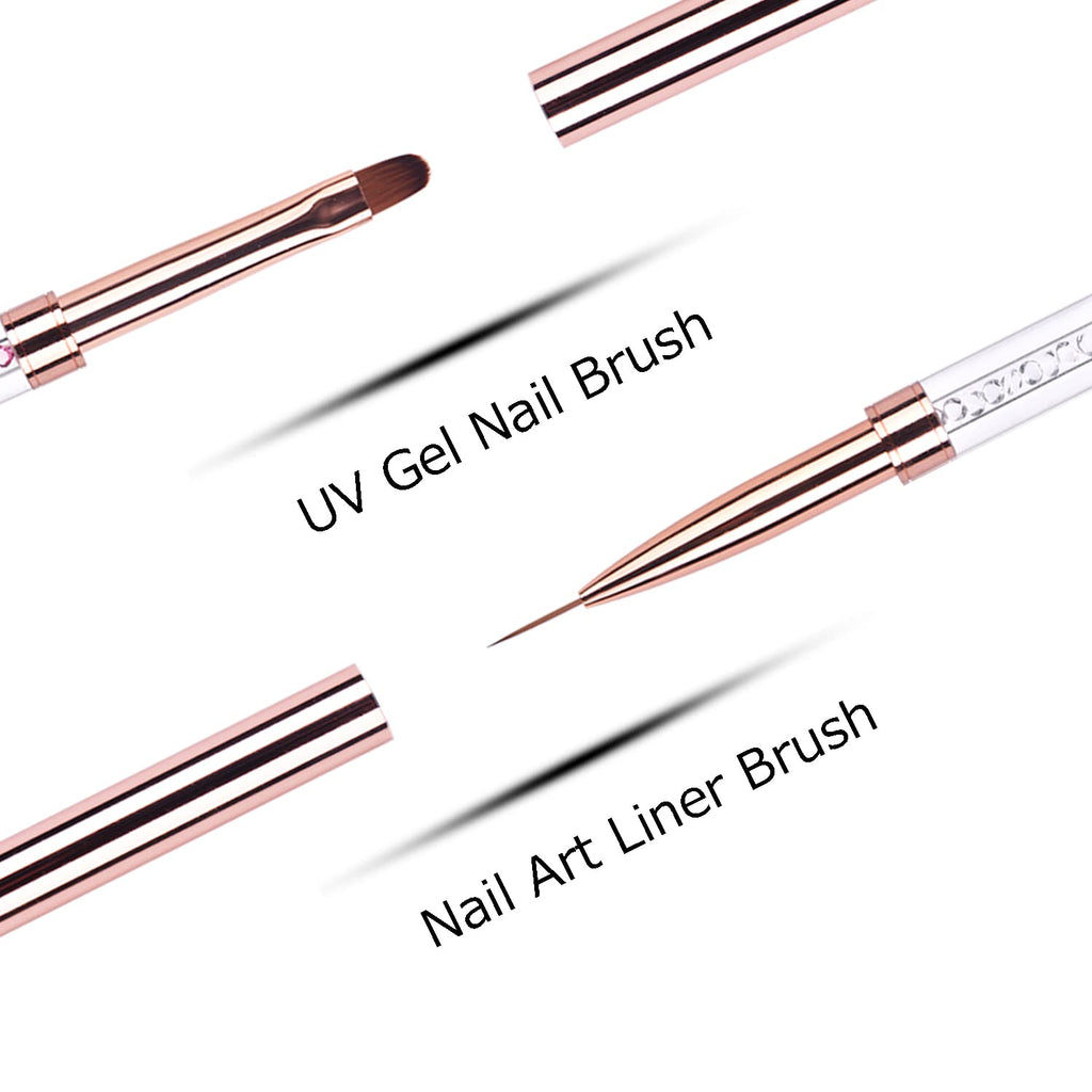 Ycyan 2Pcs Dual-ended UV Gel Nail Brush Set Rhinestone Handle Nail Art Design Brushes Professional Nail Tools Rose Gold
