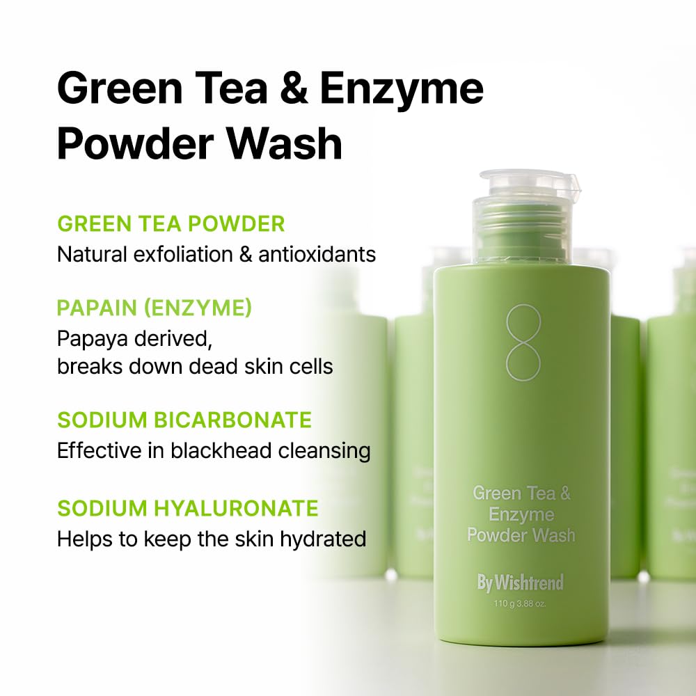 WISHTREND Green Tea & Enzyme Powder Wash - Gentle Facial Cleanser for Sensitive Skin | 110g / 3.88 Oz
