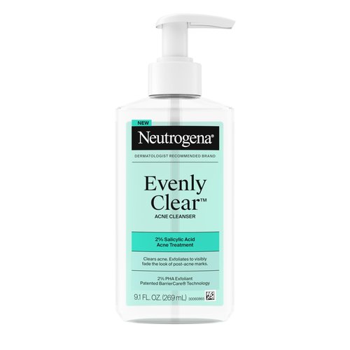 Neutrogena Evenly Clear Acne Cleanser with 2% Salicylic Acid & 2% PHA Exfoliant, Gentle Foaming Face Wash Clears Clogged Pores & Blackheads While Visibly Fading Look of Post-Acne Marks, 9.1 fl. oz
