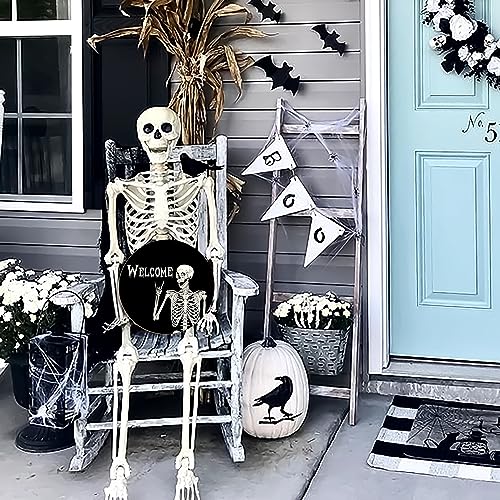 Halloween Skull Welcome Wreath Door Sign - Rustic Wooden Holiday Decor