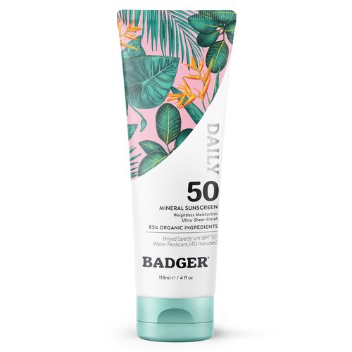 Badger SPF 50 Mineral Sunscreen - Lightweight, Moisturizing & Reef Safe | 4 fl oz, Unscented, 85% Organic