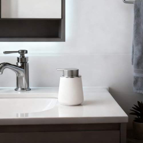 AZMOYAC Foaming Soap Dispenser - 12 Oz White Ceramic Foam Hand Soap Dispenser for Bathroom, Face Wash Dispenser Bottle with Matte Silver Foaming Pump, Refillable Lotion Dish Dispenser for Kitchen