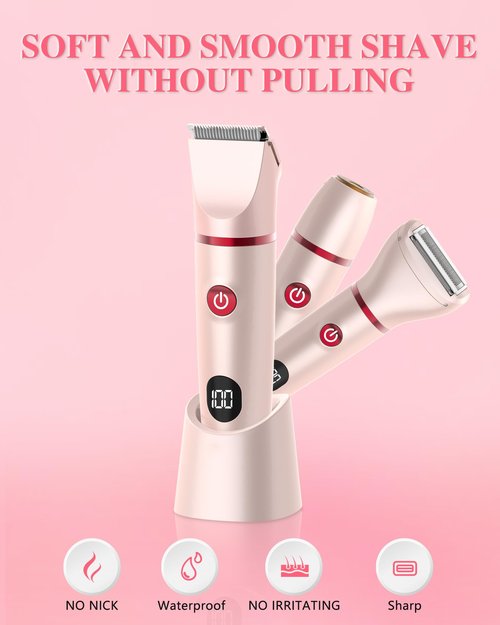 3-in-1 Bikini Trimmer for Women, Electric Razors Shaver for Public Hair - Rechargeable Body Hair Trimmer, Portable Detachable Removal Kit, lPX7 Waterproof Lightweight with LED Display, Gift for Women
