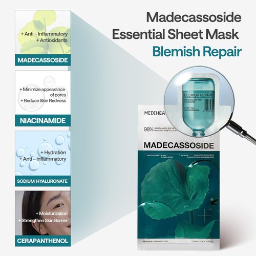 Mediheal Madecassoside Essential Sheet Mask Blemish Repair 10 pcs. 98% Purity Madecassoside & Hyaluronic Acid Included. Enhancing Moisture Barrier & Skin Texture Care. Vegan Formula Sheet Mask