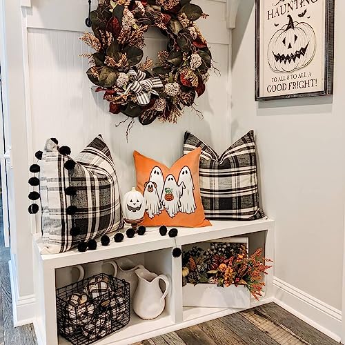 Halloween Throw Pillow Covers Set of 4 - 16x16 Orange Fall Decor with Skeleton Cat Ghost Pumpkin