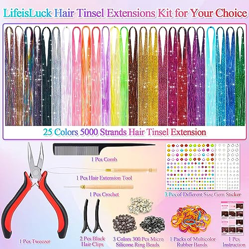 25 Colors Fairy Hair Tinsels Kit - 5000 Glitter Strands for Hair Extensions & Styling