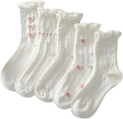 SHENHE Women's Cute Ruffle Crew Socks - 5 Pairs with Bow Print | Knitted Mid Calf Design