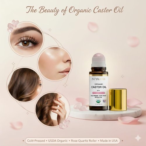 NIYAVERA Organic Castor Oil Roll on with Rose Quartz For Face and Body - Cold Pressed Hexane Free Glass Bottle Unrefined 1.7 oz