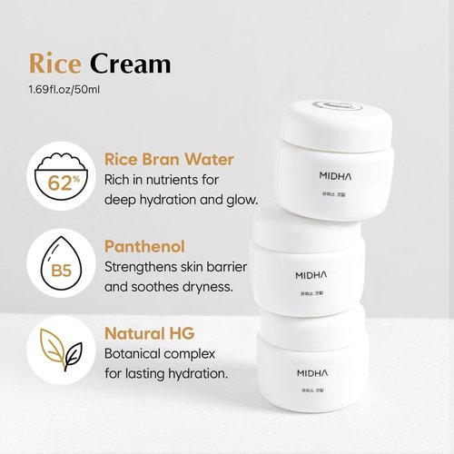 MIDHA Rice Cream - Deep Hydration & Glow-Enhancing Moisturizer | 1.69fl.oz/50ml for Radiant Skin