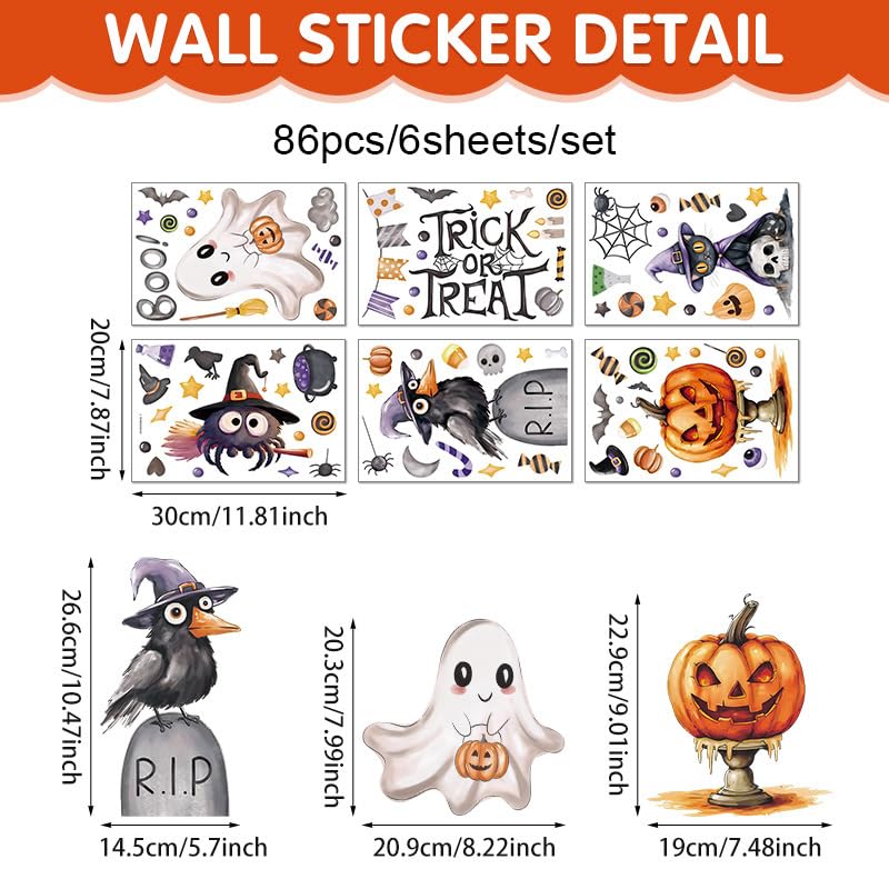 Halloween Window Clings Set - 86pcs Cute Spooky Ghost, Black Cat, Spider & Pumpkin - Variation Halloween1