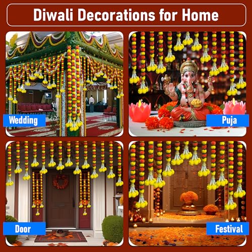 Artificial Marigold Garland 5 Pack - Yellow, Orange, Green Indian Decor