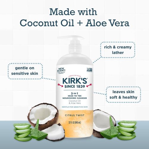 Kirk's 3-in-1 Head to Toe Nourishing Liquid Cleanser- for Men, Women & Children - Premium Coconut Oil & Aloe Vera- Non GMO & Vegan - Citrus Twist - 32 Fl Oz.