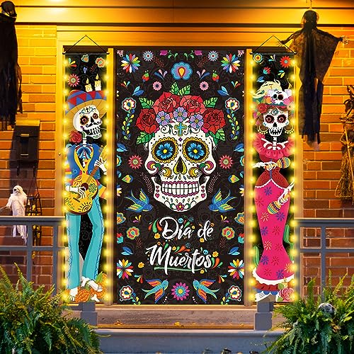 3-Pack Day of The Dead Porch Signs with LED Lights - Mexican Sugar Skull Door Decorations for Halloween & Fiesta