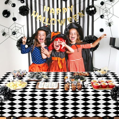 86x51 Inch Black and White Checkered Plastic Tablecloth - Racing & Halloween Theme - 4 Pack
