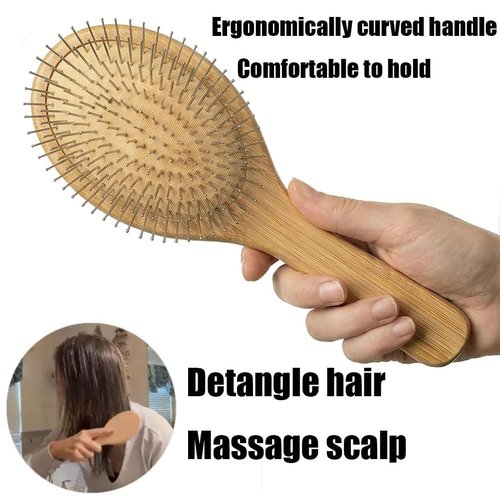 Skiennix Wooden Paddle Detangling Brush - Anti-Frizz Metal Bristle Hairbrush for All Hair Types
