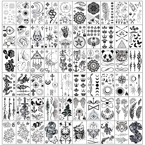 Gothic Black Temporary Tattoos Set - 60 Pcs Vintage Skeleton Snake & Dark Design Stickers