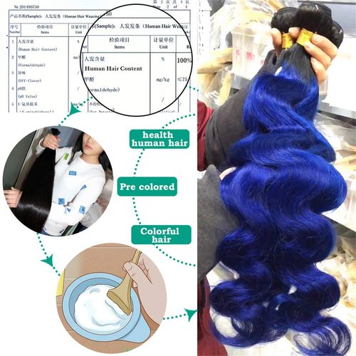 SEXAYHAIR Bule Bundles 16Inch Brazilian 100% Human Hair 1b/Blue 1 Bundle Body Wave, 2 Tone Blue Ombre Virgin Hair 1Bundles Human Hair for Women(16inch blue)