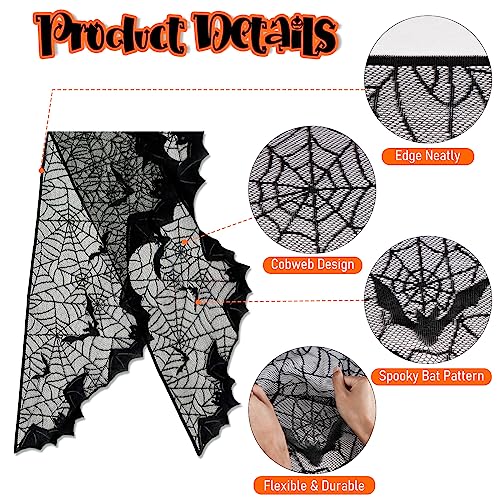 Halloween Fireplace Mantel Scarf Black Lace Spiderweb 20x79 Inches - Indoor Decor