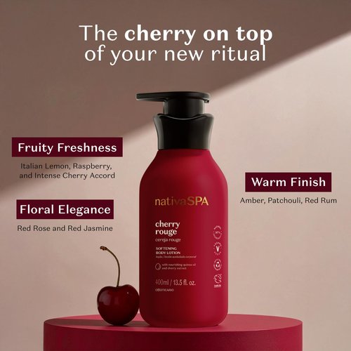 O Boticário Nativa SPA Cherry Rouge Velvety Body Lotion, Bold Oriental Amber Fragrance with Cherry Extract & Quinoa Oil, Collagen Boosting Hydration, 13.5 Ounce (400ml)