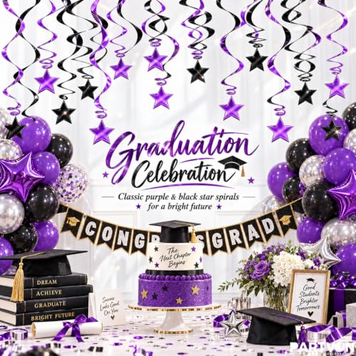 Purple Black Hanging Swirl Decorations - Metallic Foil Streamers, 36 Inch Set