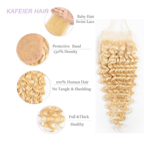 4x4 613 Lace Closure Deep Wave Human Hair Blonde Deep Wave Closure Pre Plucked Transparent Lace Free Part with Baby Hair For Women Natural Hairline 14 Inch